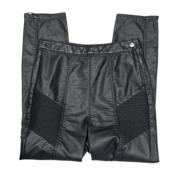 Free People Moto Faux Leather Leggings Black Quilted Thigh Panels Ankle Zips 6 - Picture 5 of 10